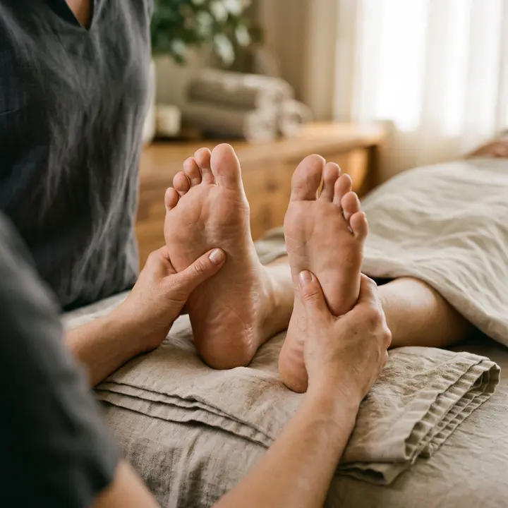Acupressure applied to pressure points on the sole of a foot