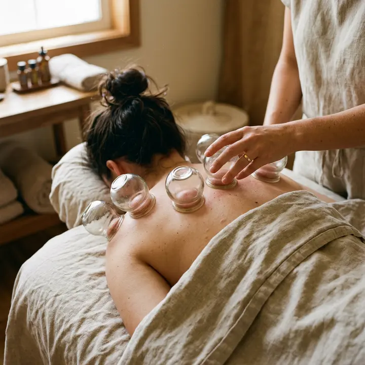 Glass cups creating circular suction marks on a client's upper back