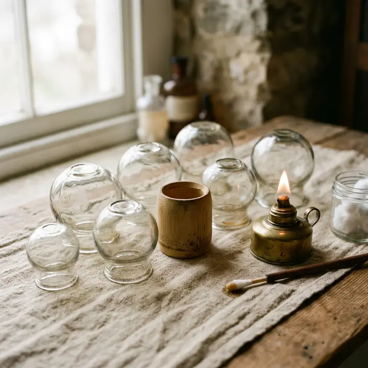 Cupping set arranged on a towel before a dry cupping session