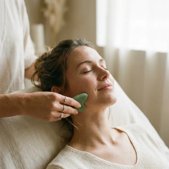 Face gua sha tool gliding along the temple during a spa session