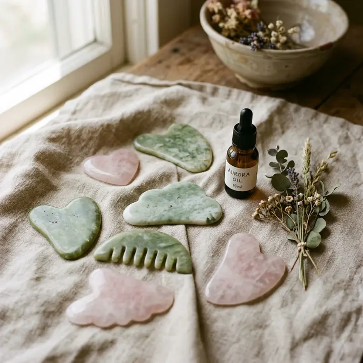 Smooth gua sha tool drawn along a guest's temple and jawline