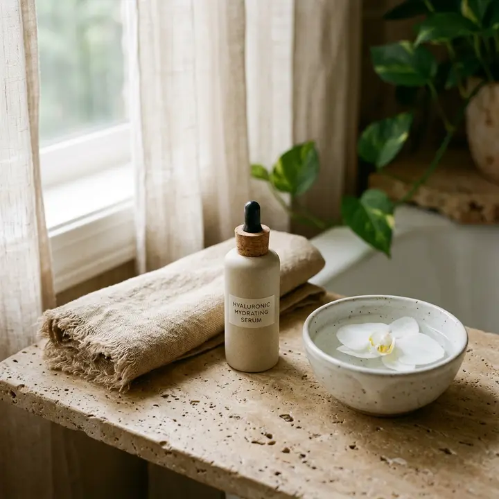 Skincare serum bottle and a white orchid in a ceramic bowl on a sunlit wooden tray