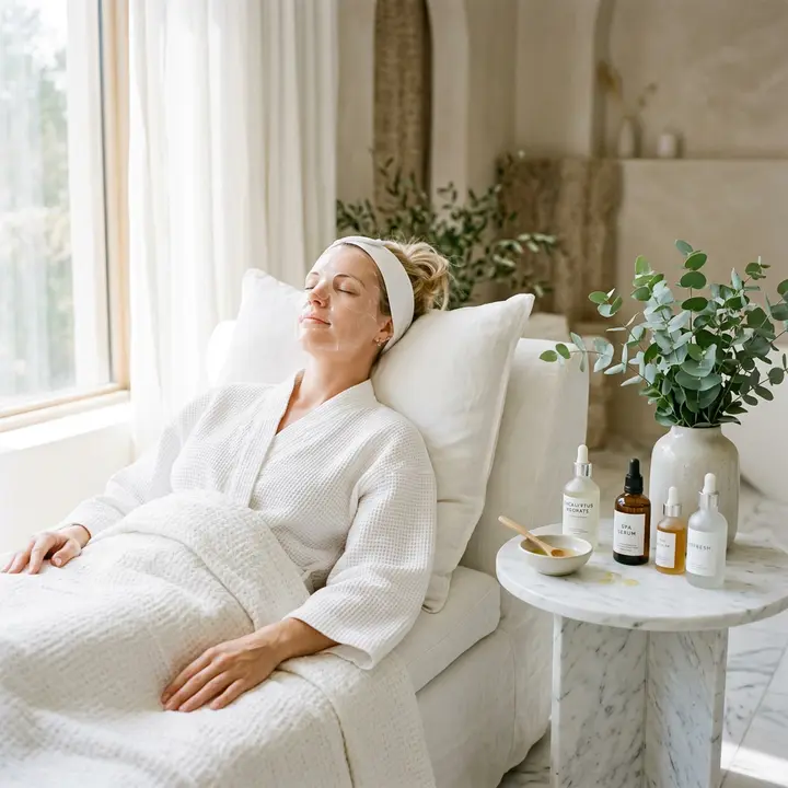 Woman in a white robe and headband resting with her eyes closed before a facial