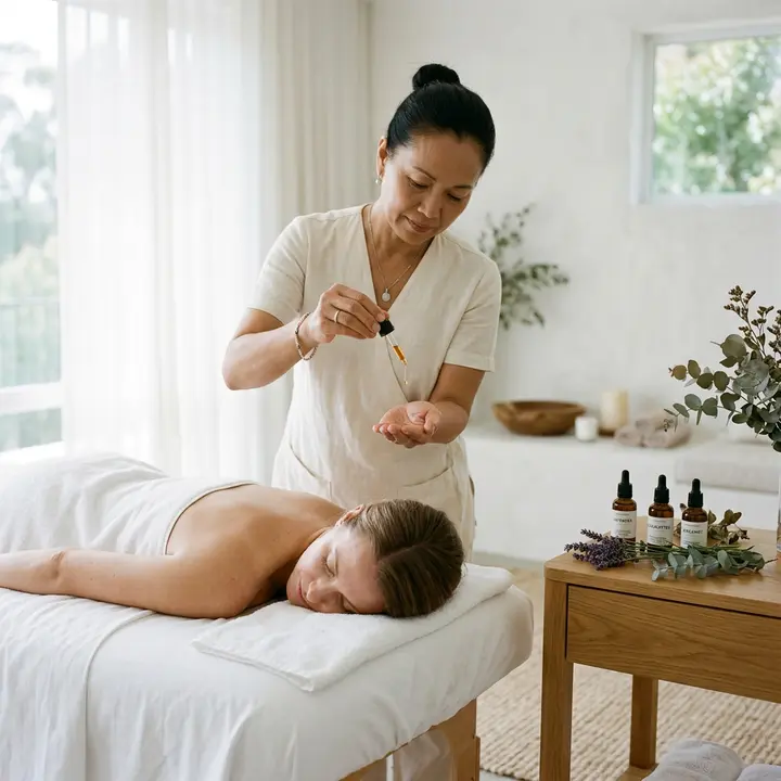 Therapist dripping essential oil from a dropper over a client's back, bottles on the side table
