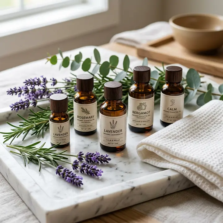 Essential oil bottles of lavender, rosemary and bergamot on a marble tray with fresh lavender