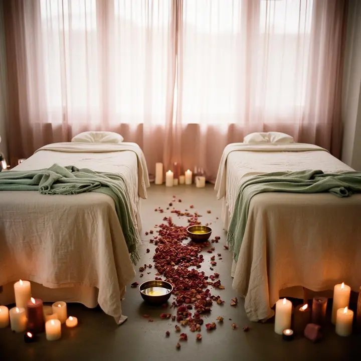 Private couples massage room with two treatment tables side by side