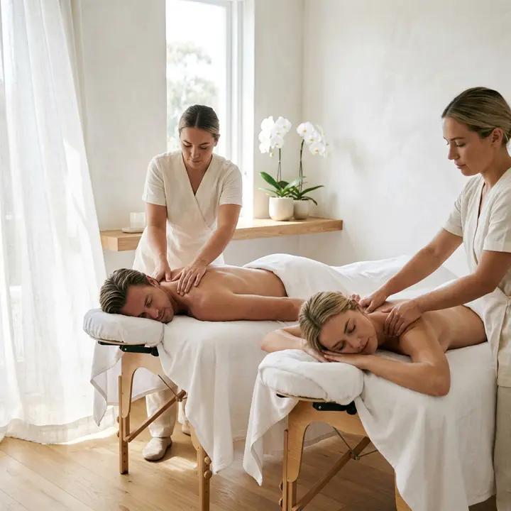 Couple receiving a side-by-side massage in a candlelit spa room