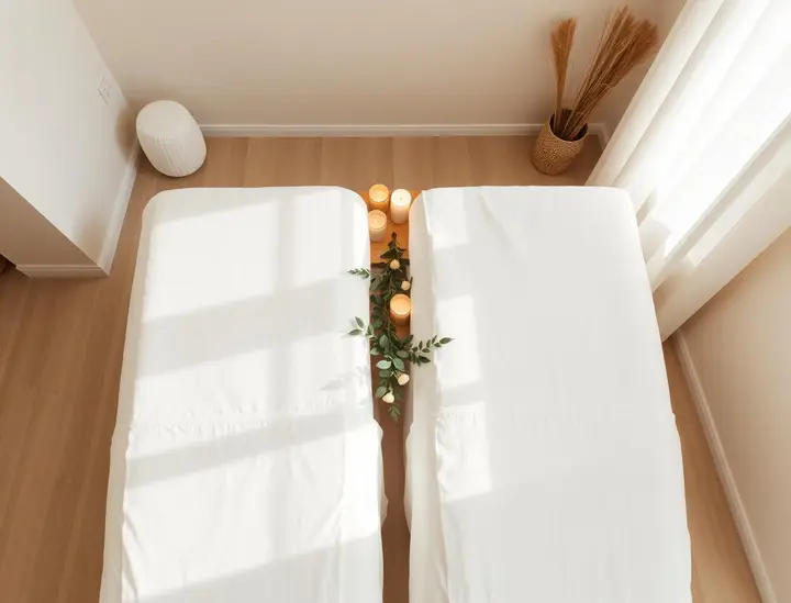 Candlelit couples massage room set for two side-by-side sessions