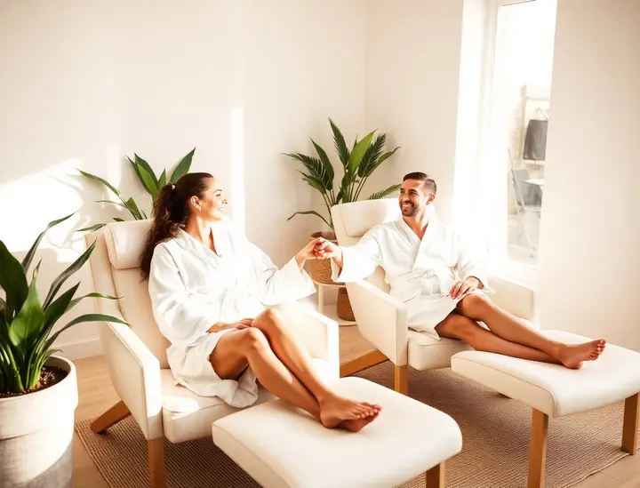 Couple in white robes relaxing side by side in lounge chairs