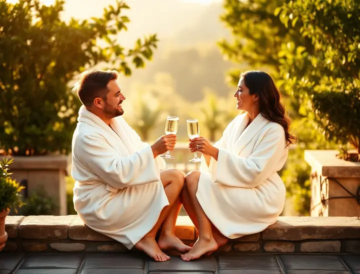 Couple relaxing together in spa robes after a treatment