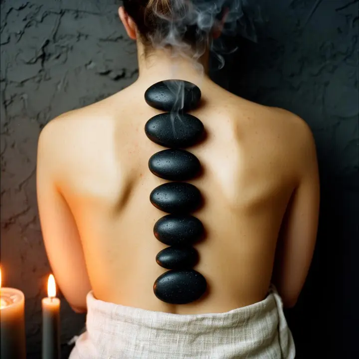 Hot stone massage with basalt stones placed along the spine