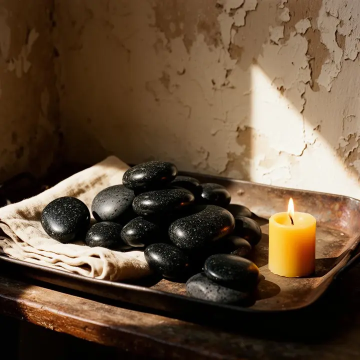 Heated basalt stones resting along the spine during a hot stone massage