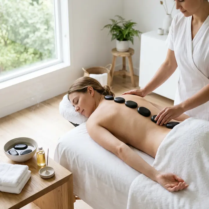 Warm stones drifting along the back during a hot stone massage