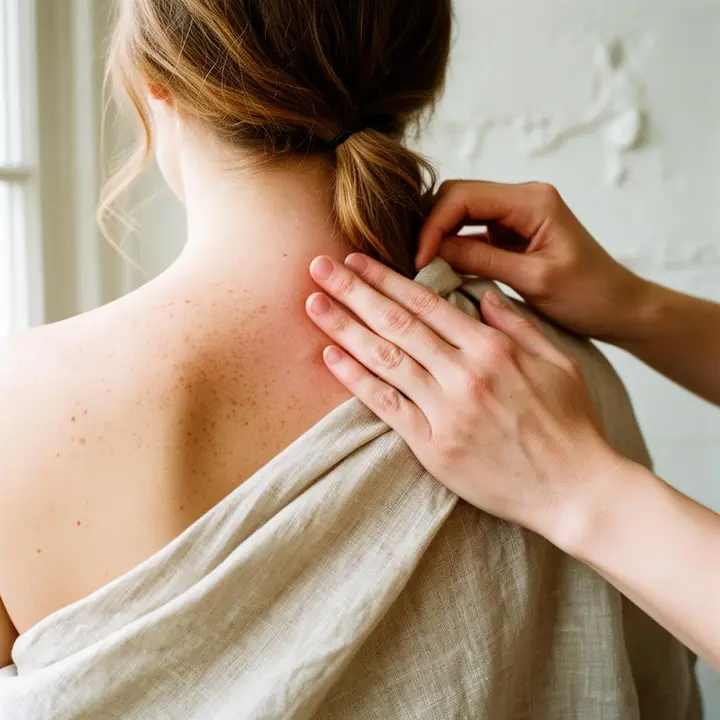 Slow neck and shoulder massage in a dimly lit treatment room