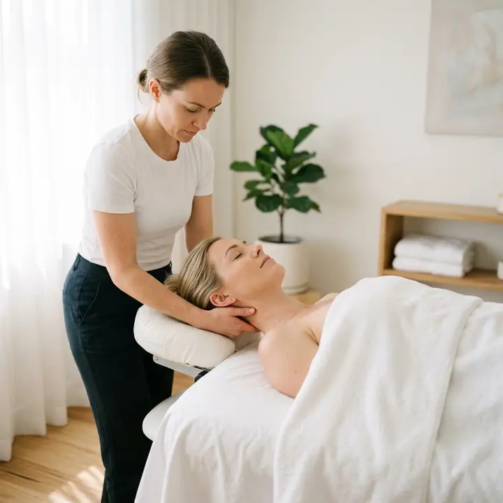 Therapist supporting a client's head while working the neck