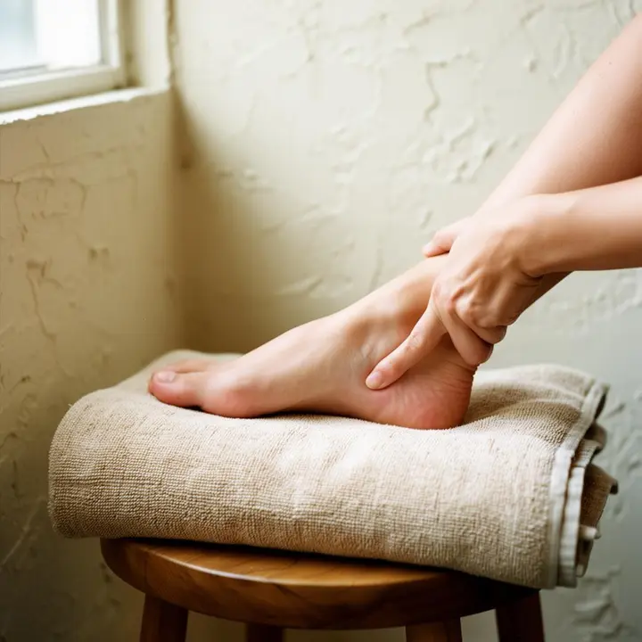 Thumb pressure applied to the arch during a reflexology session