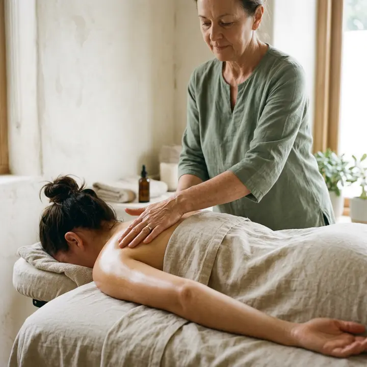 Slow relaxation massage strokes across the upper back and shoulders