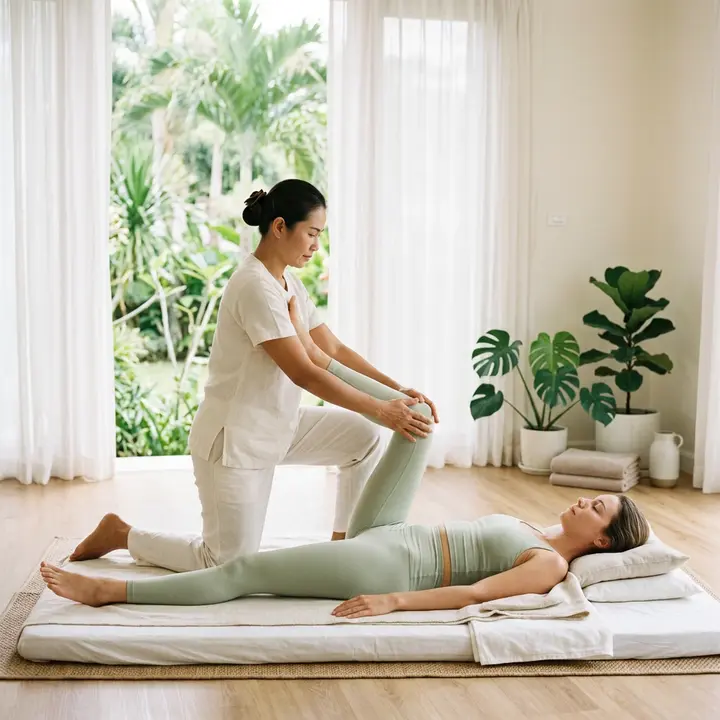 Thai massage assisted stretch performed on a floor mat