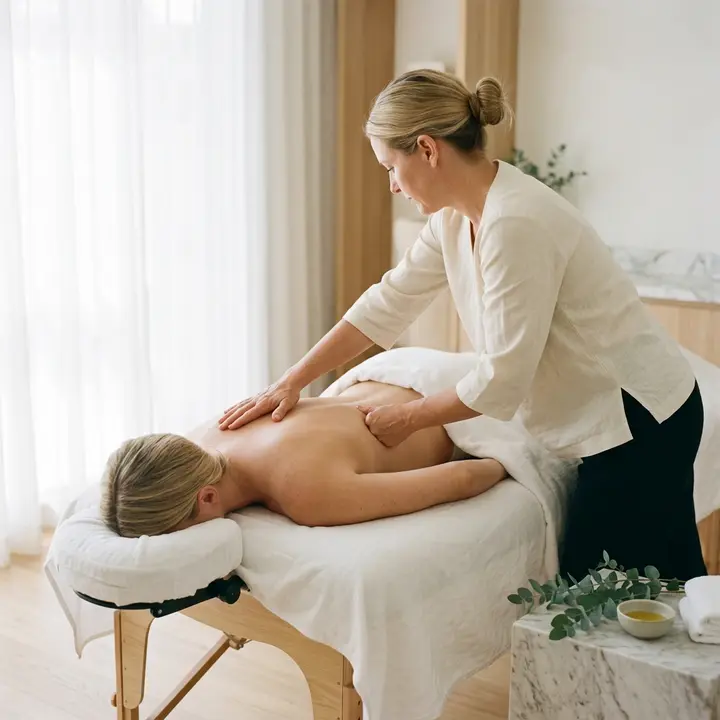 Tuina therapist applying meridian pressure along a client's back