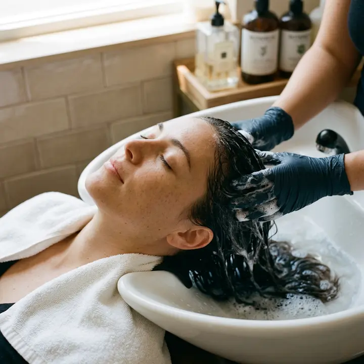Gentle scalp massage during a headache-focused spa session