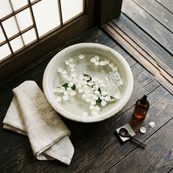 Bowl of water with white flowers, a towel and an oil bottle on a wooden table by a paper screen