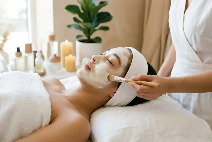 Facial treatment with a cream mask under soft light