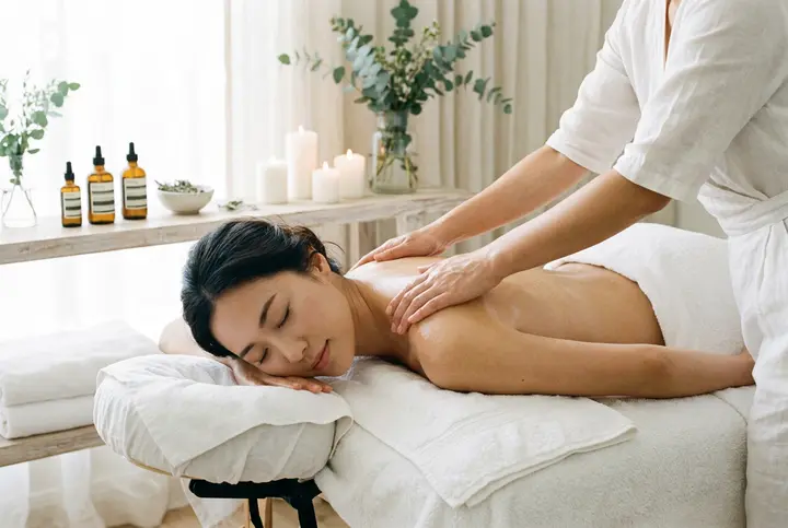 Massage therapist working in a bright treatment room