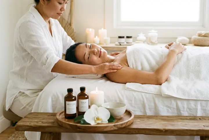 Massage therapist working on a client's back under white linen