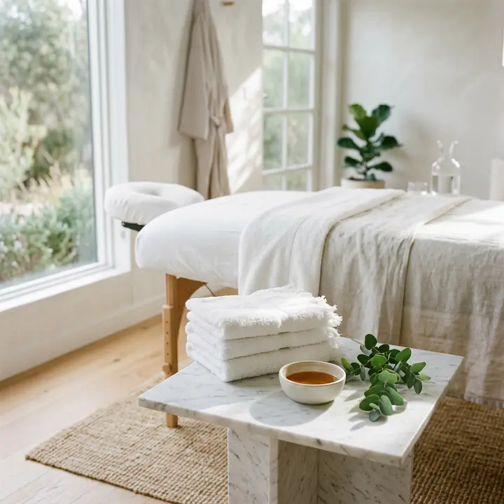 Marble and eucalyptus spa treatment setup