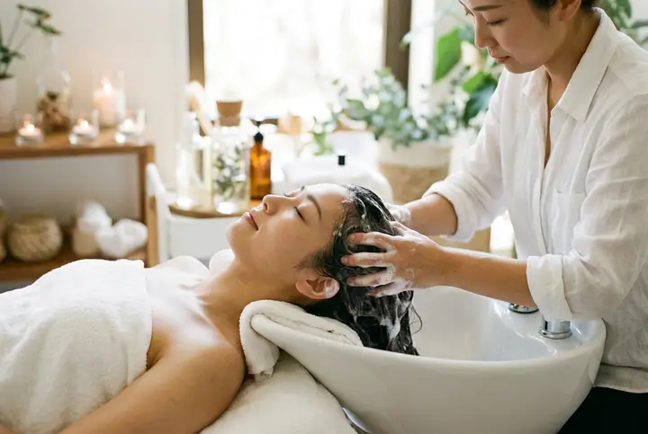 Porcelain head spa basin prepared for a scalp treatment
